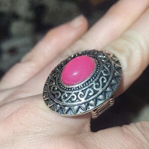 Paparazzi Pink Stone Silver Ring Stretchy Band